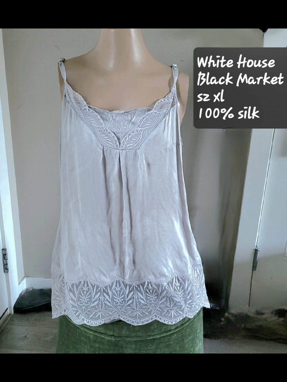 White House Black Market Silver Gray Silk Lace-Trim Camisole